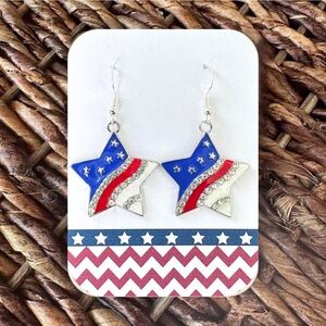New Handmade Silver-Tone Red, White, & Blue Sparkly Star Dangle Earrings (Ver B)